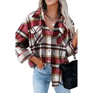 Women Red Collared V Neck Button Down Oversized Long Sleeve Shirt Top